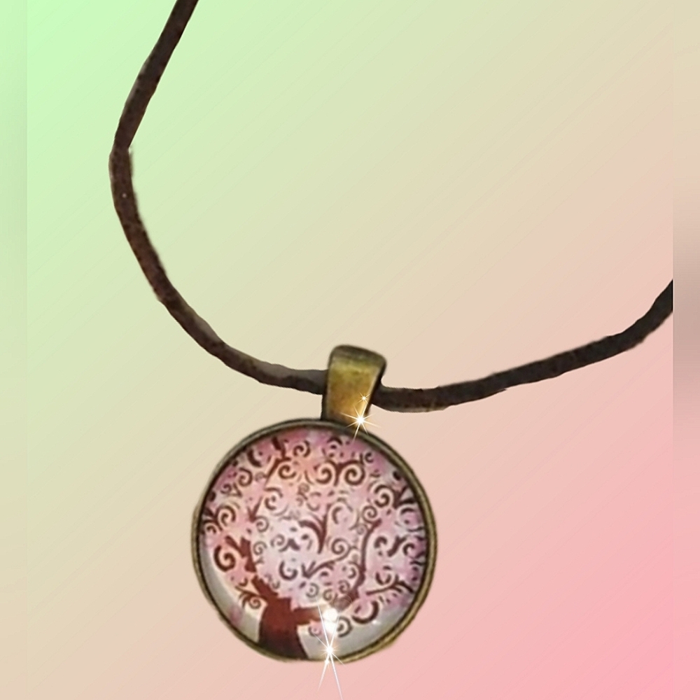 Tree of Life Glass Cabachon Pendant on Suede Cord